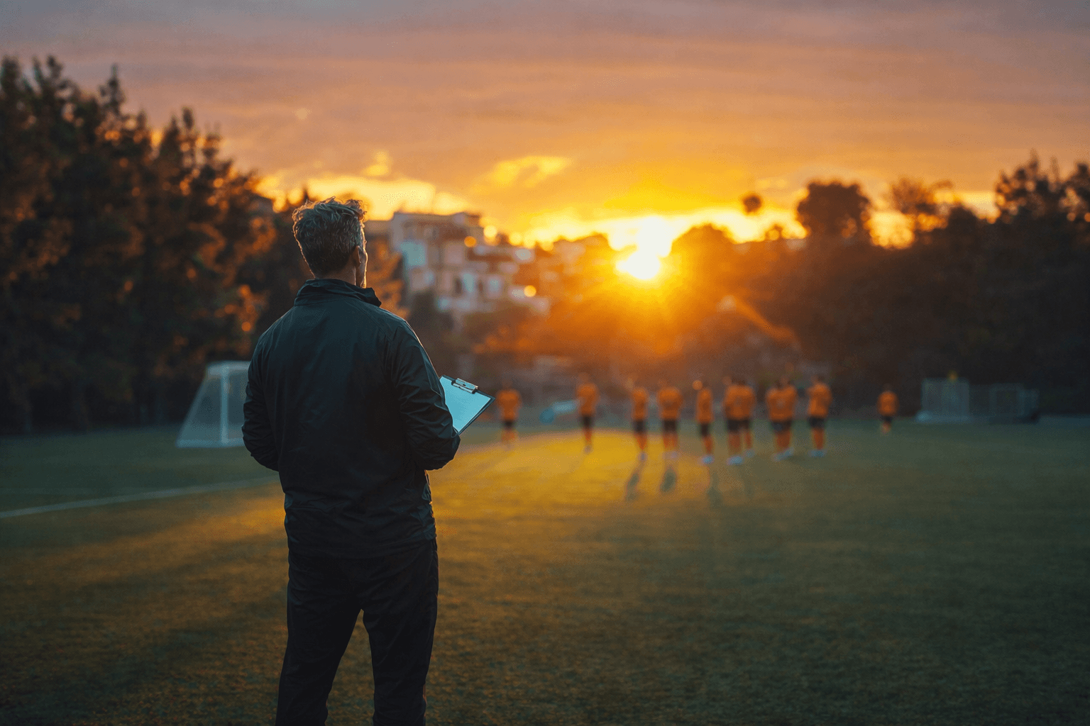 Coach observing football training session at sunset