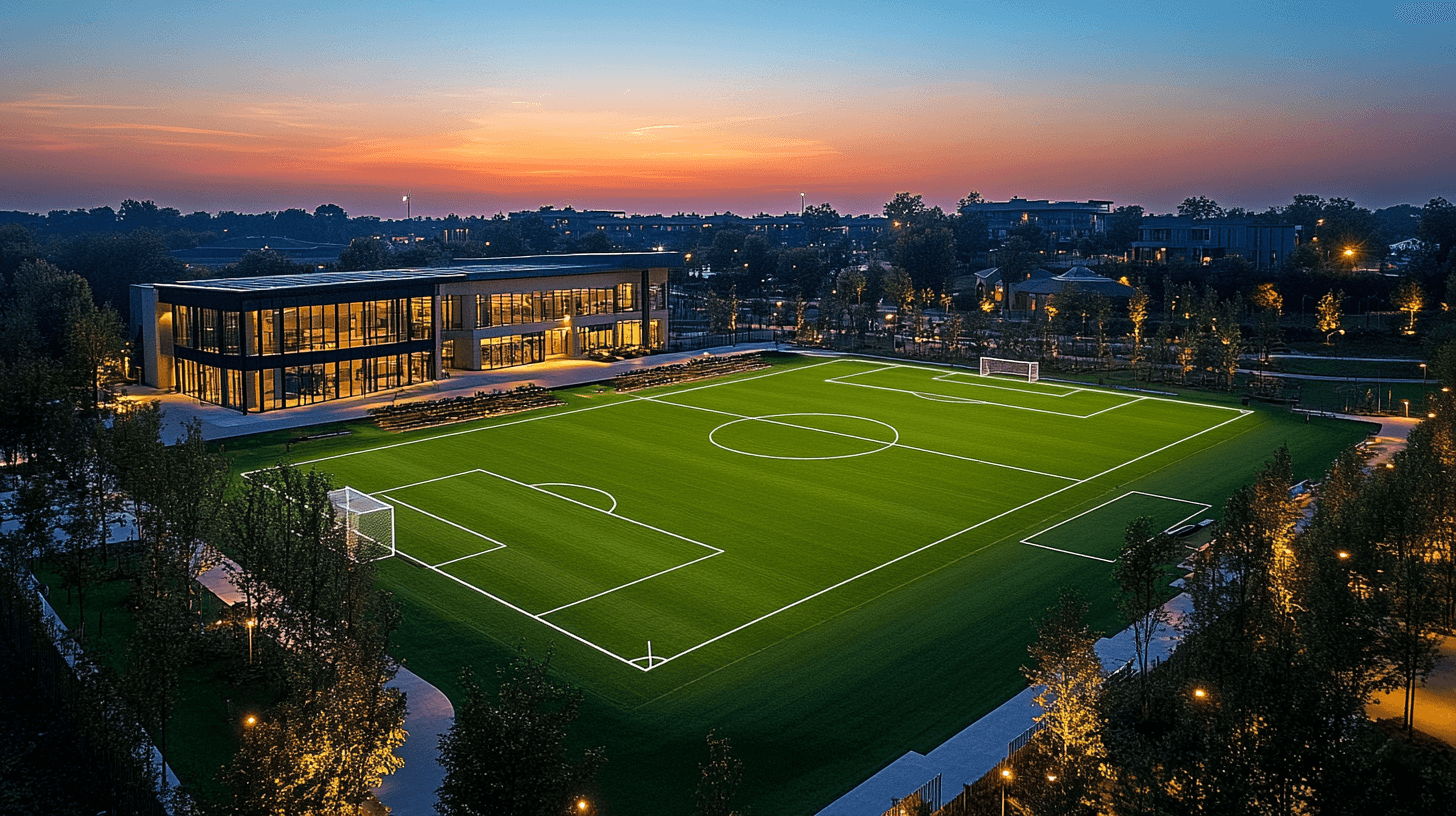 Modern football training facility at dusk